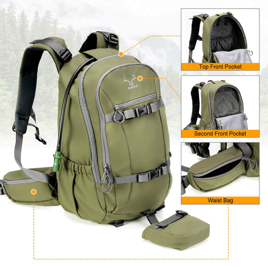 Moxule Olive Green Hydration Backpack: 2 front pockets . Durable, multi-pocket design