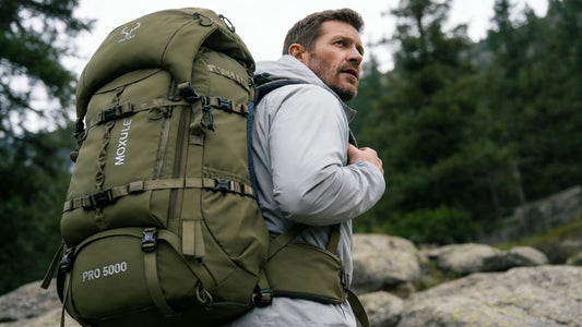 Moxule Pro 5000 hunting backpack in action, built for rugged outdoor adventures and multi-day hunting expeditions.