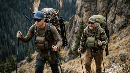 Two hunters with Moxule hunting backpacks (with meat shelf) hike mountain terrain after an elk hunt.