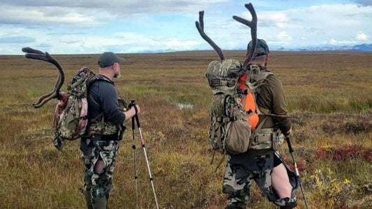 Two hunters in camouflage gear carry Moxule hunting backpacks while trekking through Alaskan tundra with harvested caribou antlers, 