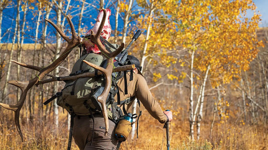 Hunter with elk antlers and meat, wearing Moxule hunting backpack with meat shelf in autumn woods