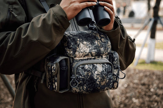 Moxule camouflage hunting binocular harness chest pack, silent quick-access bino pouch for outdoor field hunting