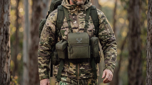 Moxule olive green binocular harness chest pack worn by hunter in woodland, bino chest pack with removable rangefinder pouches