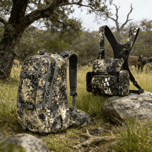 Moxule Camo Daypack & BINO Harness Bundle – Optics-ready hunting gear set, displayed in natural grassland terrain for deer and elk backcountry hunts.