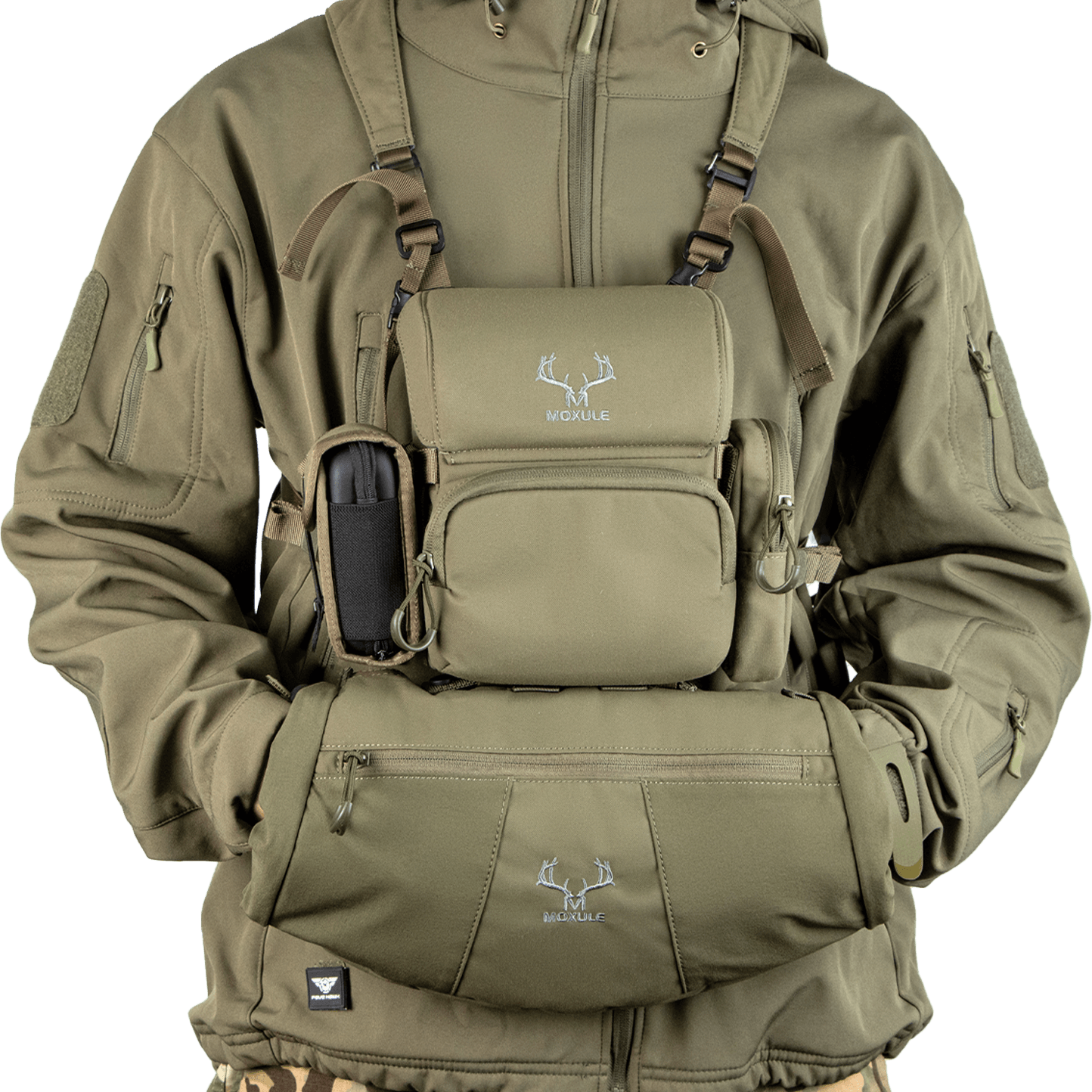 Moxule green tactical chest pack with bino harness, designed for silent hunting and outdoor adventures.