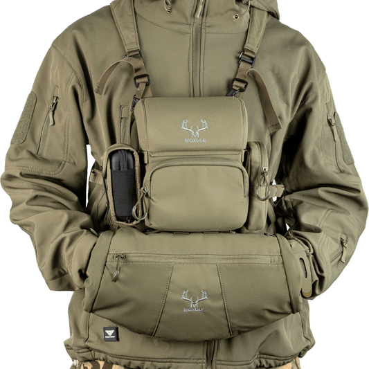 Moxule green tactical chest pack with bino harness, designed for silent hunting and outdoor adventures.