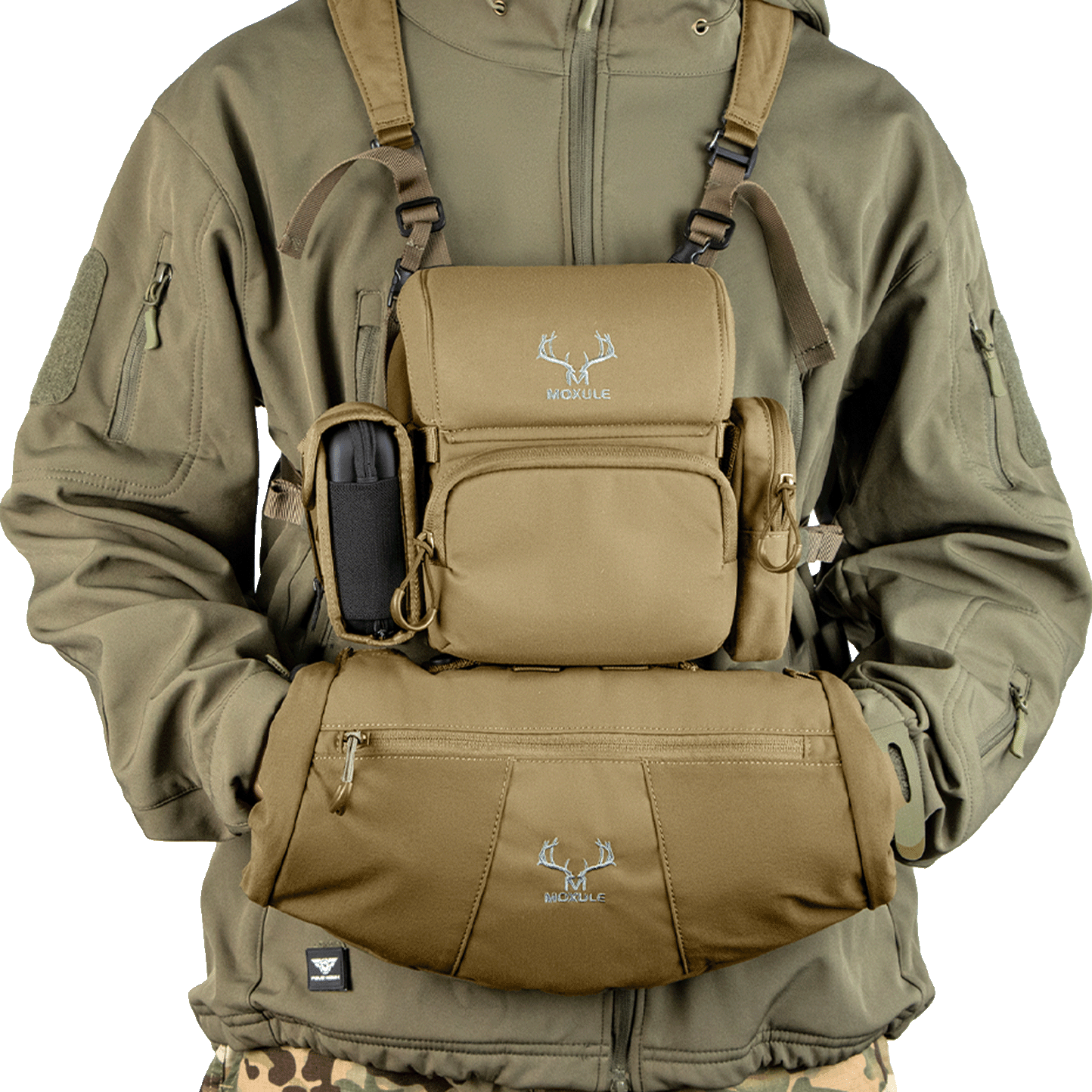 Moxule brown tactical bino harness chest pack for silent hunting, outdoor gear with multiple pockets
