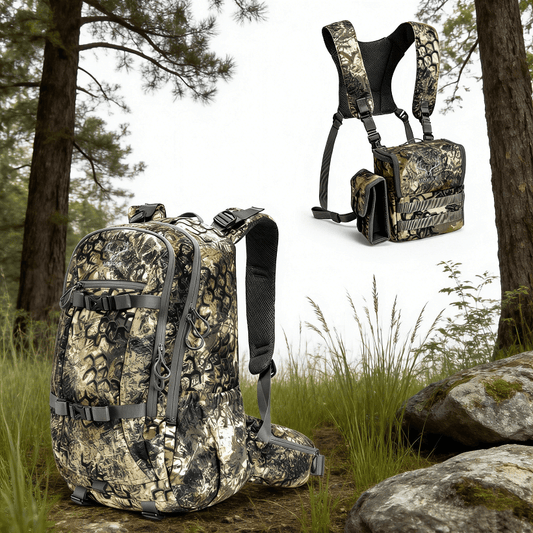 The Moxule Camouflage Hunting Backpack and Binoculars Chest Pouch features a camouflage design and is specifically built for hunting in the wild.
