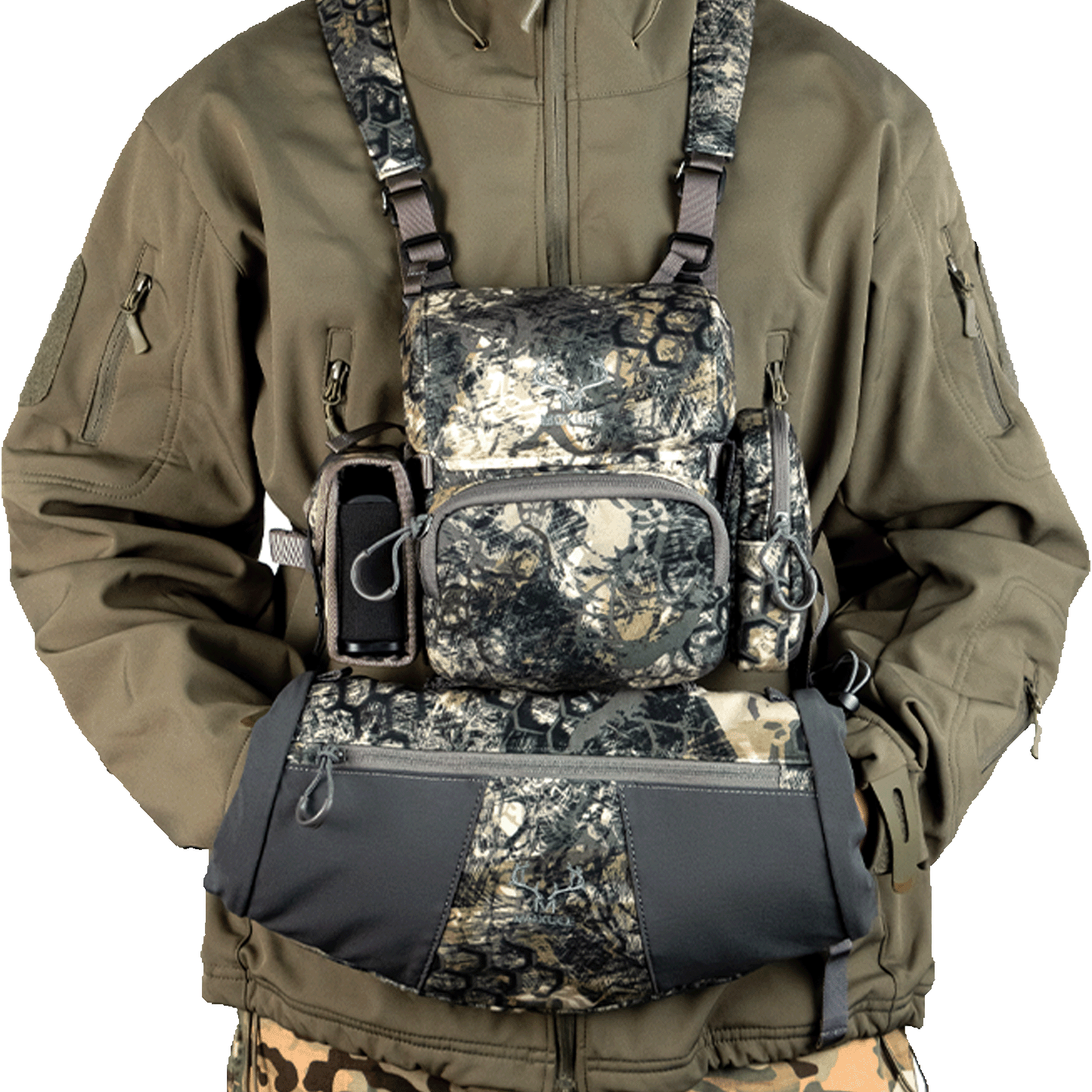 Hunting bino harness with multi-pocket design, perfect silent-adjust gear for stealthy turkey and deer hunting.