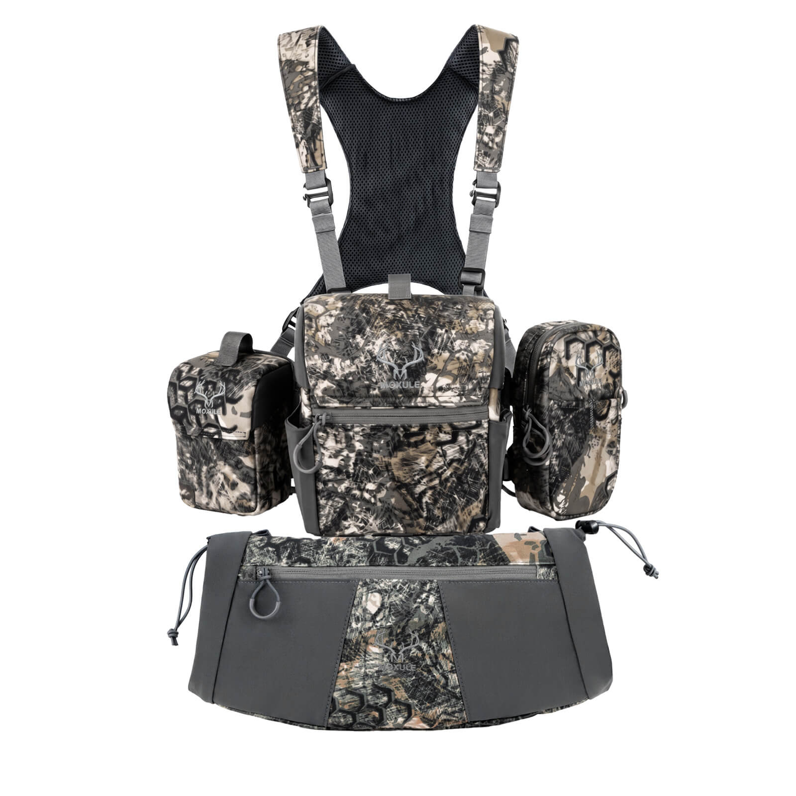 Moxule Bino R3 Pro binocular harness combo set, camo modular silent hunting chest pack with rangefinder pouch, GPS phone pouch and hand warmer muff for elk deer hunting