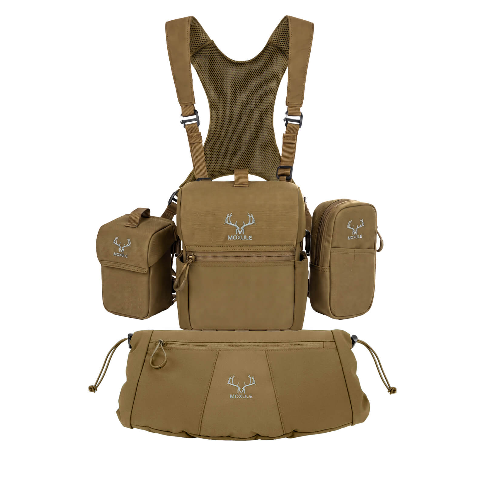 Wolf brown Moxule hunting binocular harness combo with hand warmer and accessory pouches