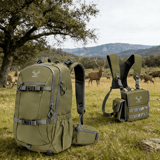 The Moxule hunting backpack and binocular chest pack are durable gear suitable for experienced hunters and outdoor enthusiasts.