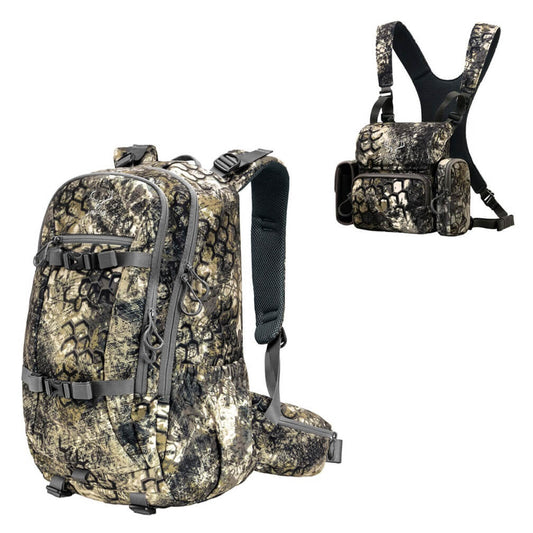 Camo hunting backpack with meat shelf and binocular chest harness combo, Moxule outdoor hunting gear for big game hunting in natural terrain.