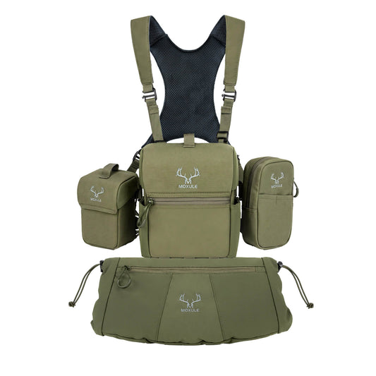 Moxule green modular hunting chest pack combo, binocular harness with hand warmer and accessory pouches
