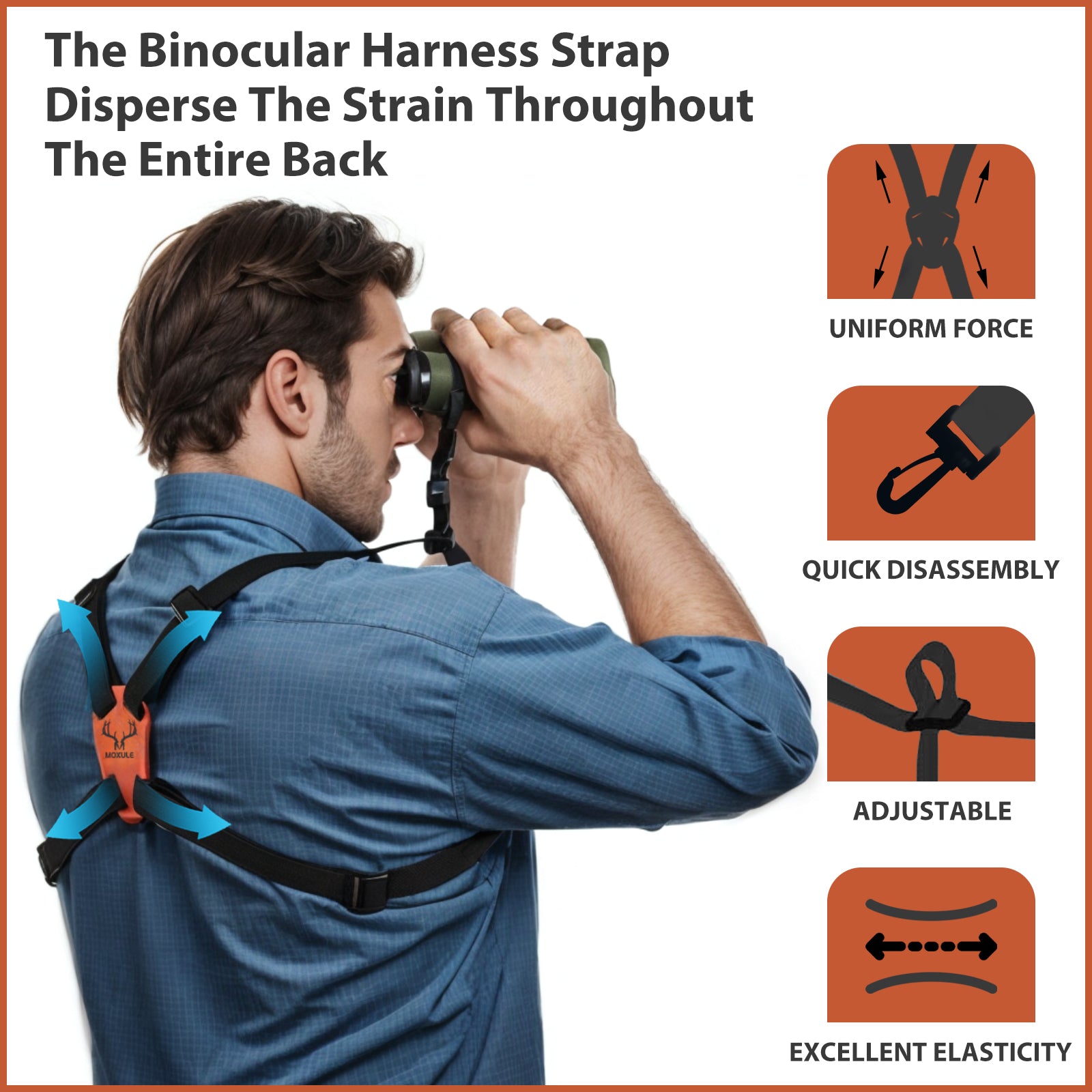 The Moxule hunting binoculars strap features an ergonomically designed carrying system for a comfortable experience for hunters,