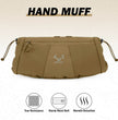 Moxule Tan Hand Muff durable tear-resistant fabric, secure waist belt, and warmth-retaining design for cold-weather hunting/outdoor use. 