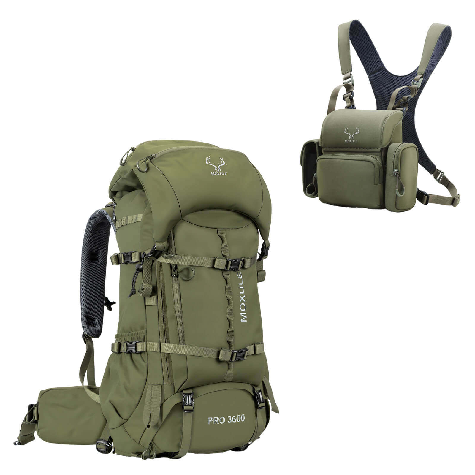 The PRO 3600 hunting backpack & BINO R1 binoculars chest pack set, in olive green, is perfect for wilderness hunting and outdoor adventures.