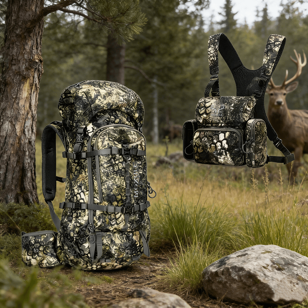 The Moxule camo hunting backpack & BINO R1 binoculars chest pack set, featuring a camouflage pattern, are ideal for wilderness hunting and tactical outdoor travel.