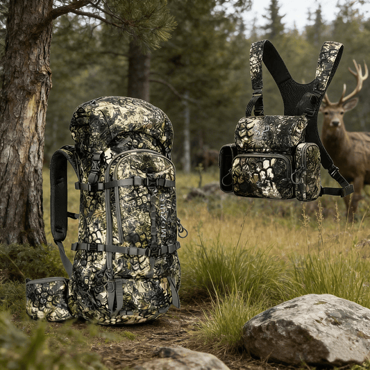 The Moxule camo hunting backpack & BINO R1 binoculars chest pack set, featuring a camouflage pattern, are ideal for wilderness hunting and tactical outdoor travel.
