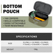 Moxule’s olive bottom pouch: 106g lightweight design with YKK zippers, tear resistance, and MOLLE compatibility. 
