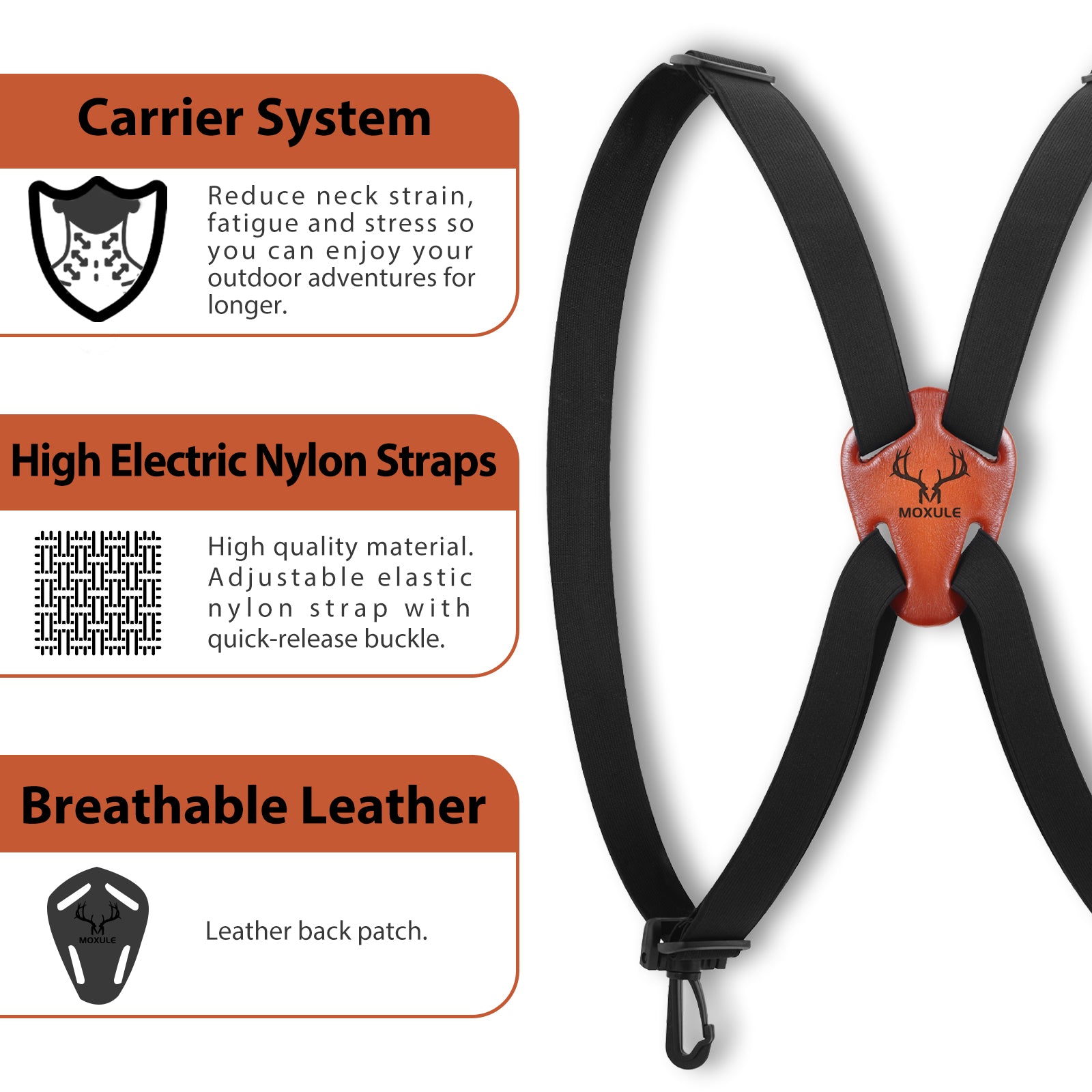 The Moxule binoculars strap features a high-strength nylon strap and breathable leather back padding designed to reduce neck strain