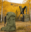 Moxule PRO 3600 Hunting Backpack & Bino Harness in golden autumn forest. Durable, waterproof gear for backcountry deer hunting with quick-access optics storage.