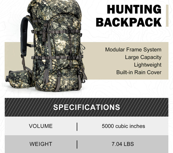 MOXULE Camo Hunting Backpack with Modular Frame System, 5000 Cubic Inches Capacity, Lightweight Design, and Built-in Rain Cover