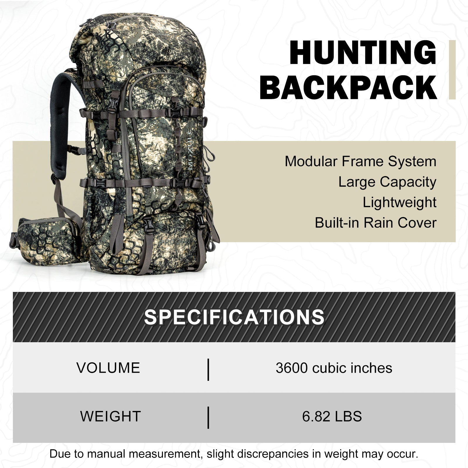 Moxule 3600 Cubic Inch Camouflage Hunting Backpack | Modular Large-Capacity Hunting Pack