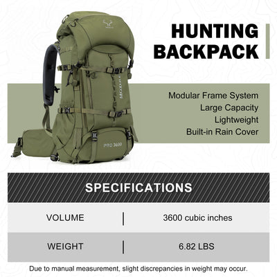 3600 Cubic Inch Large Storage, Modular Frame System, Lightweight 6.82lbs, Attached Waterproof Rain Cover for Backcountry Hunts