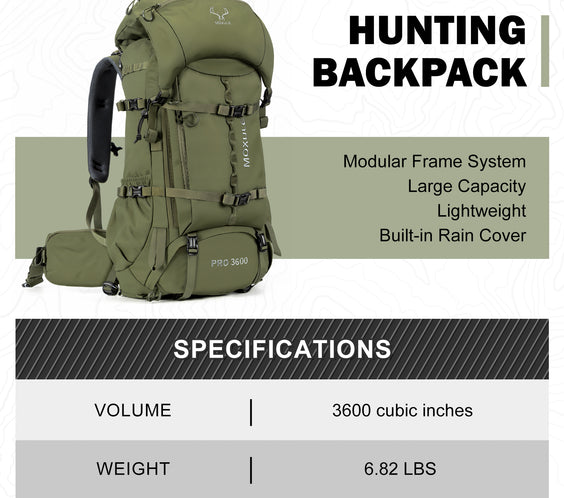 MOXULE Pro 3600 Hunting Backpack -3600 Cubic Inches Capacity, Lightweight (6.82 lbs) Design with Built-in Rain Cover