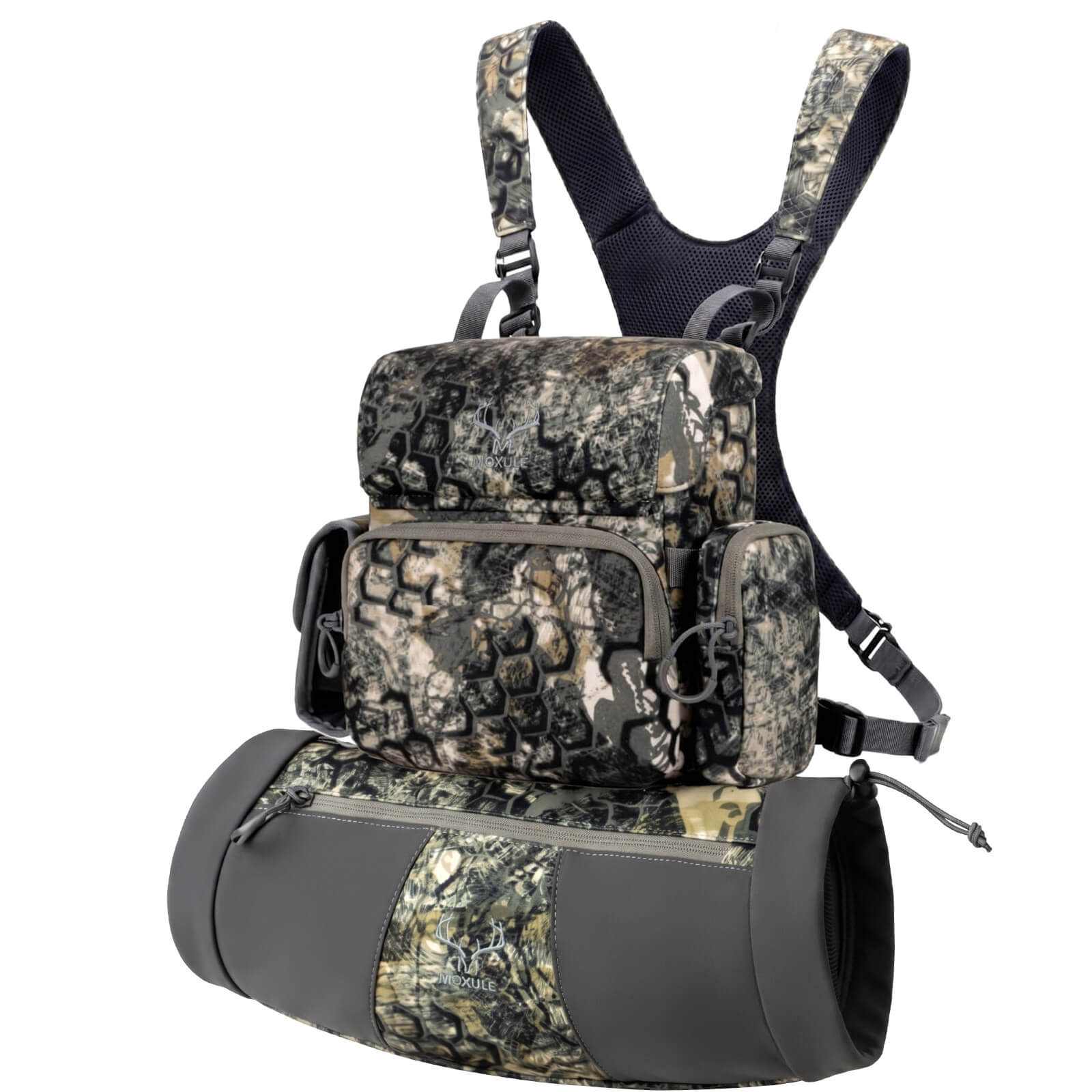 Camo MOXULE BINO R2 Pro binocular harness bundle with hunting hand warmer, size L fits 10x50 binoculars, silent camouflage gear for cold weather treestand backcountry hunting