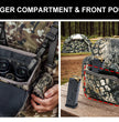 Moxule camo bino harness chest pack, large compartment & front pouch for hunting gear storage
