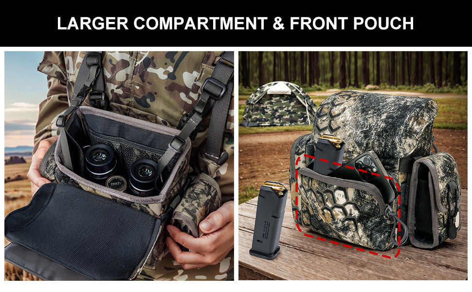 Moxule camo bino harness chest pack, large compartment & front pouch for hunting gear storage