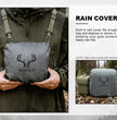 Moxule hunting binocular chest pack built‑in rain cover feature graphic, waterproof gear protection