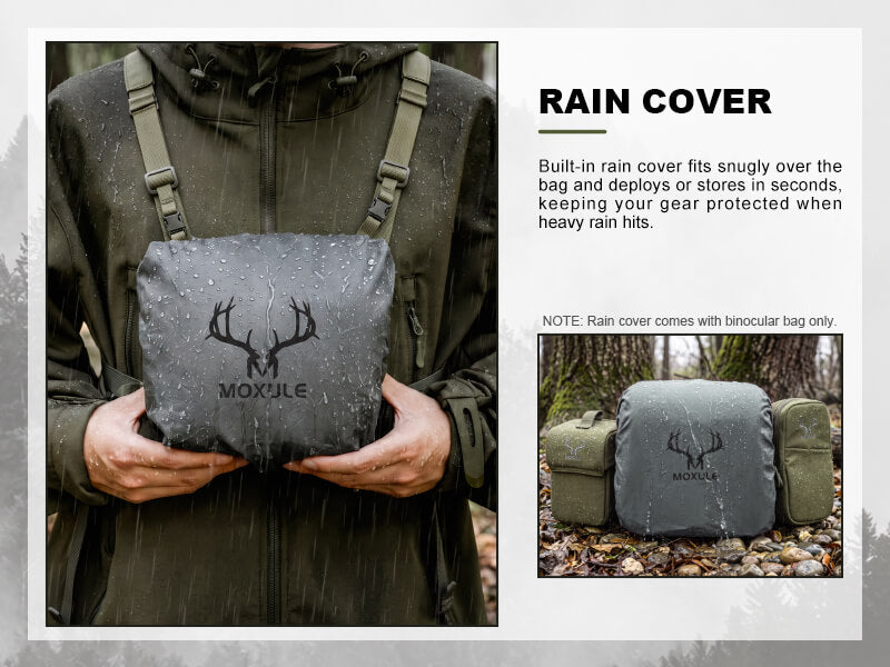 Moxule hunting binocular chest pack built‑in rain cover feature graphic, waterproof gear protection