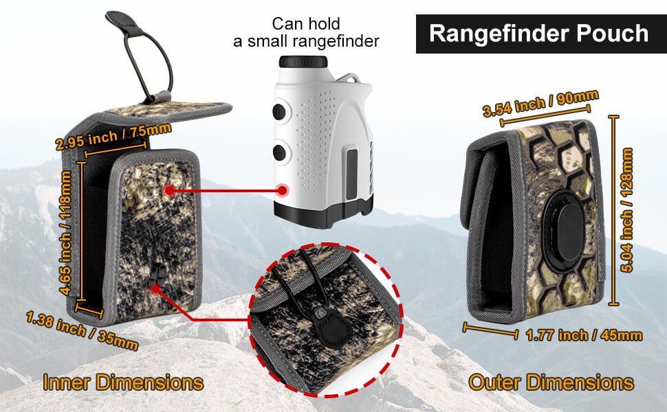 Moxule camo rangefinder pouch size chart showing inner & outer dimensions for compact hunting rangefinders