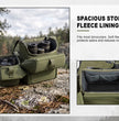 Moxule Bino R3 Pro binocular harness outdoor feature graphic, spacious storage with soft fleece lining, protects binoculars and rangefinder, noise‑reducing hunting chest pack