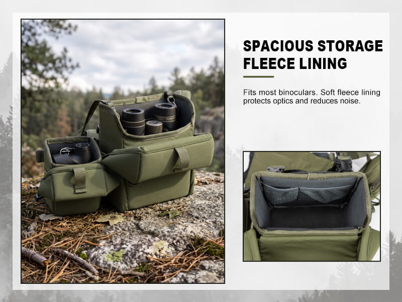 Moxule Bino R3 Pro binocular harness outdoor feature graphic, spacious storage with soft fleece lining, protects binoculars and rangefinder, noise‑reducing hunting chest pack