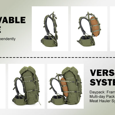 MOXULE Hunting Backpack Detachable Frame System: Featuring a stand-alone frame, it can be converted into a day backpack, multi-day backpack, and meat transport backpack.