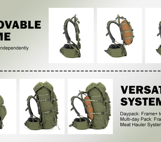 MOXULE Hunting Backpack Detachable Frame System: Featuring a stand-alone frame, it can be converted into a day backpack, multi-day backpack, and meat transport backpack.