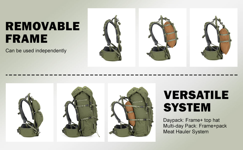 MOXULE Hunting Backpack Detachable Frame System: Featuring a stand-alone frame, it can be converted into a day backpack, multi-day backpack, and meat transport backpack.