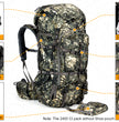 Camouflage Hunting Backpack with Rifle Holder & Water Bladder Pouch – Durable Moxule pack designed for fall deer hunts, with shoe pouch and quick-access compartments for rugged wilderness use.