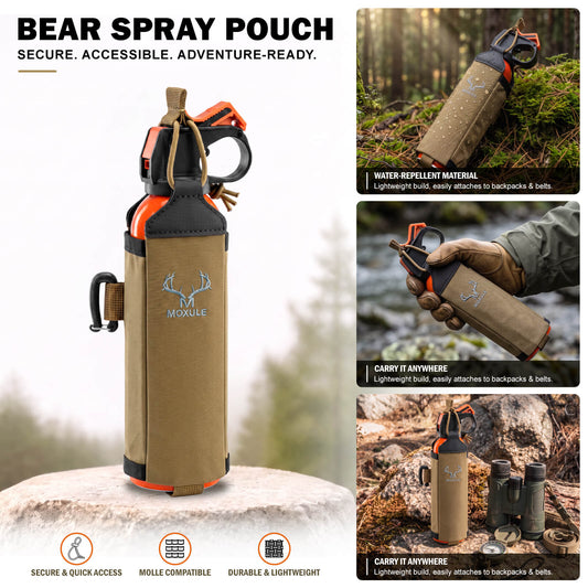 Moxule Coyote/Brown Bear Spray Bag. Compatible with the MOLLE system, waterproof, lightweight and easy to handle, suitable for hunting and field security.