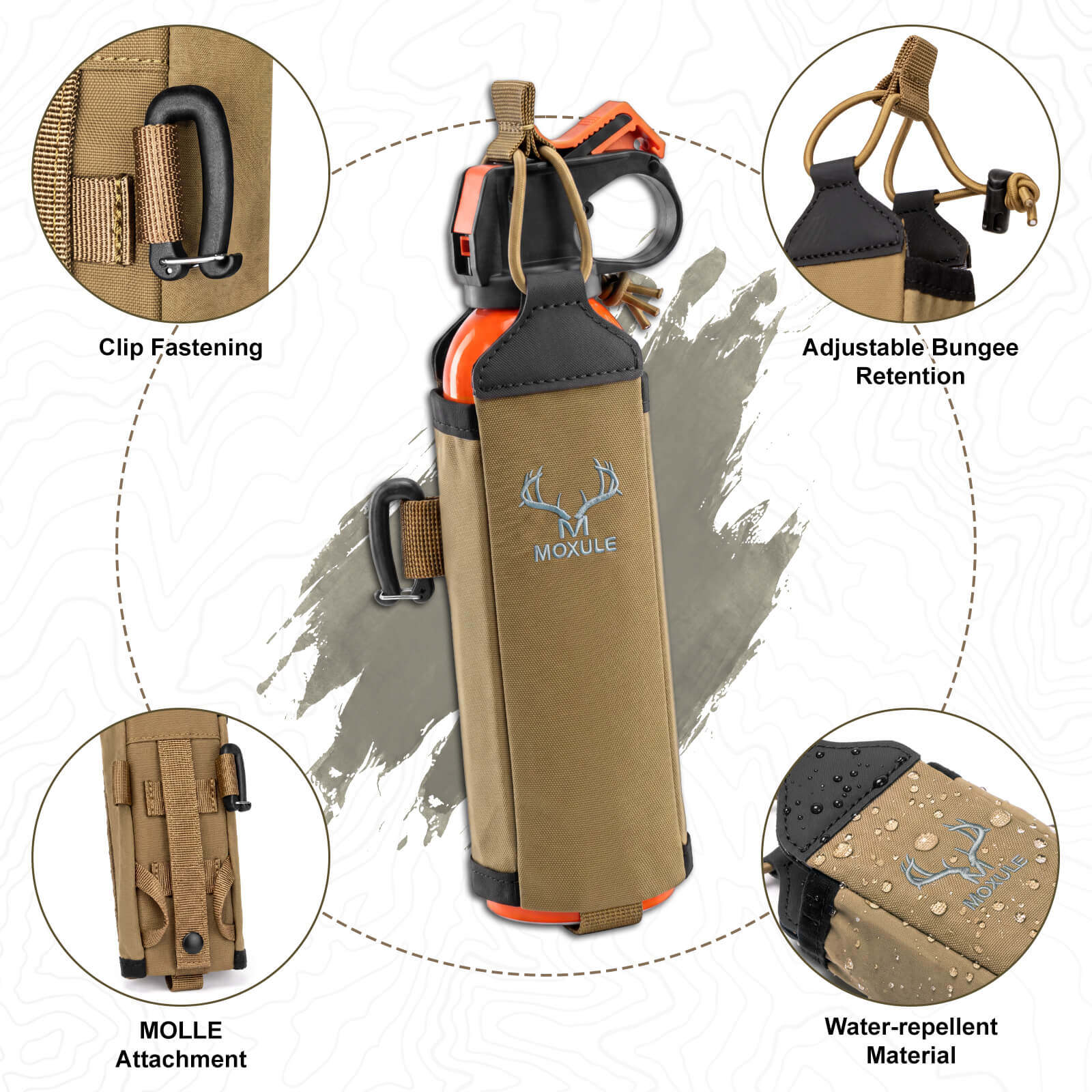 Moxule Coyote/Brown Bear Spray Bag. Features a clip-on fastening system, MOLLE system, adjustable elastic cord, and waterproof material, suitable for hunting and field safety.