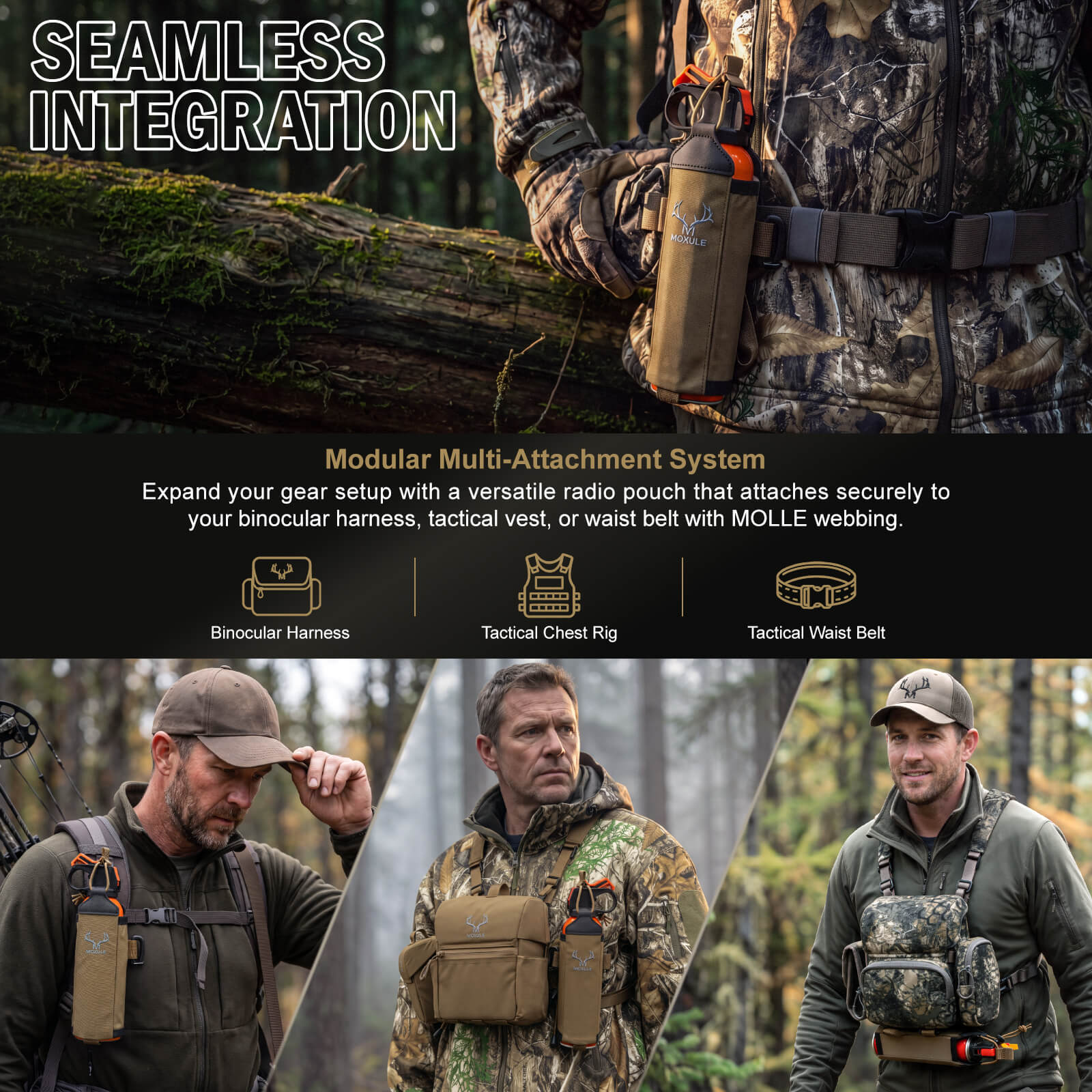 A modular, multi-functional accessory system for Moxule bear spray bags. It can be securely attached to binocular straps, tactical chest harnesses, or waist belts, making it ideal for hunting and outdoor safety.