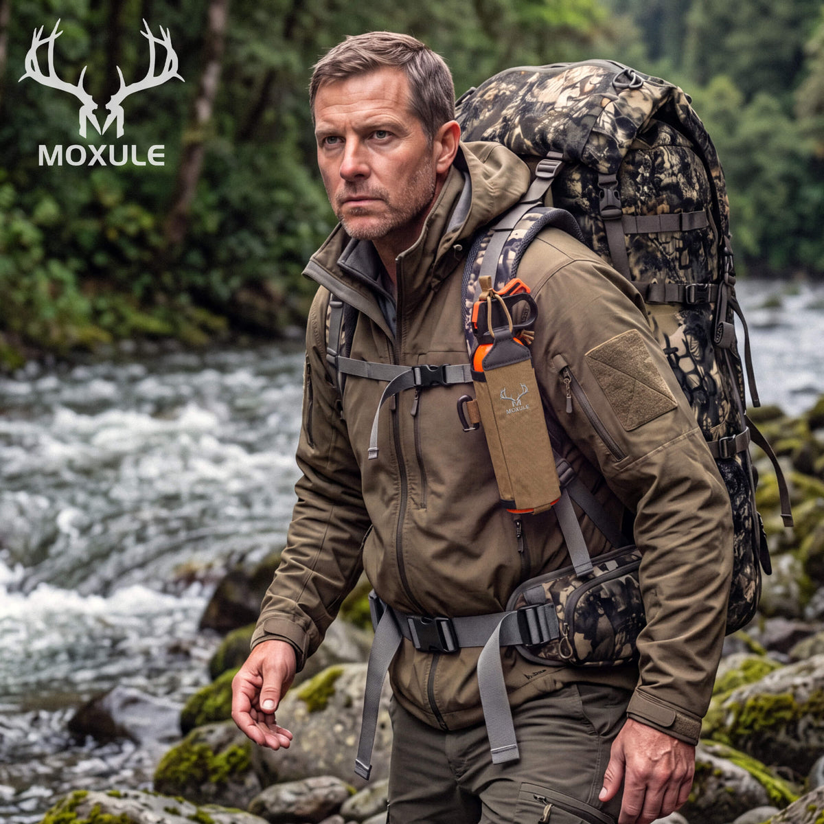 Lifestyle image of backcountry hunter hiking by mountain stream, Moxule bear spray pouch securely mounted on hunting backpack for wilderness safety during elk and deer hunts.