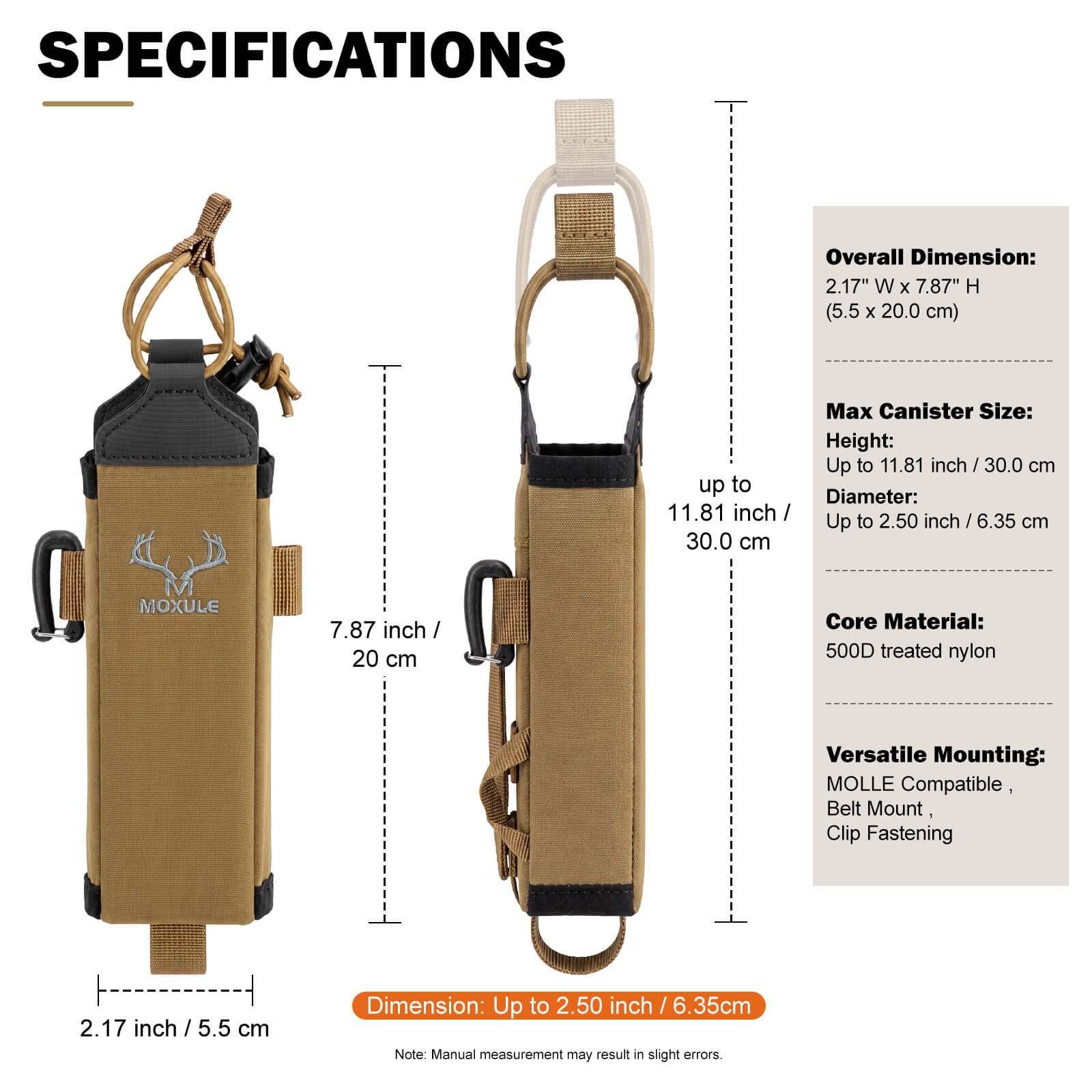 Moxule bear spray pouch specifications chart, 500D nylon molle bear spray holster dimension diagram, size and mounting info for hunting gear