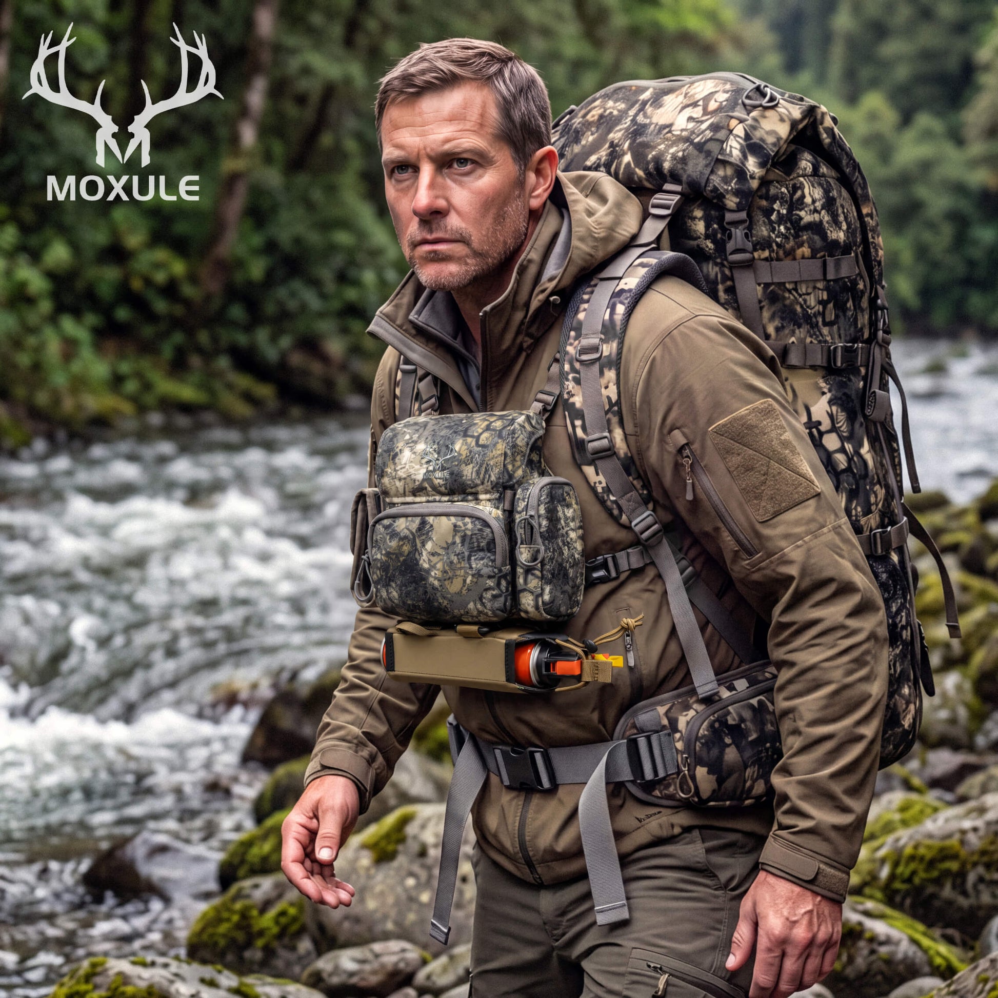 Moxule Camo Hunting Chest Pack with Quick‑Draw Bear Spray Pouch for Backcountry Hunting