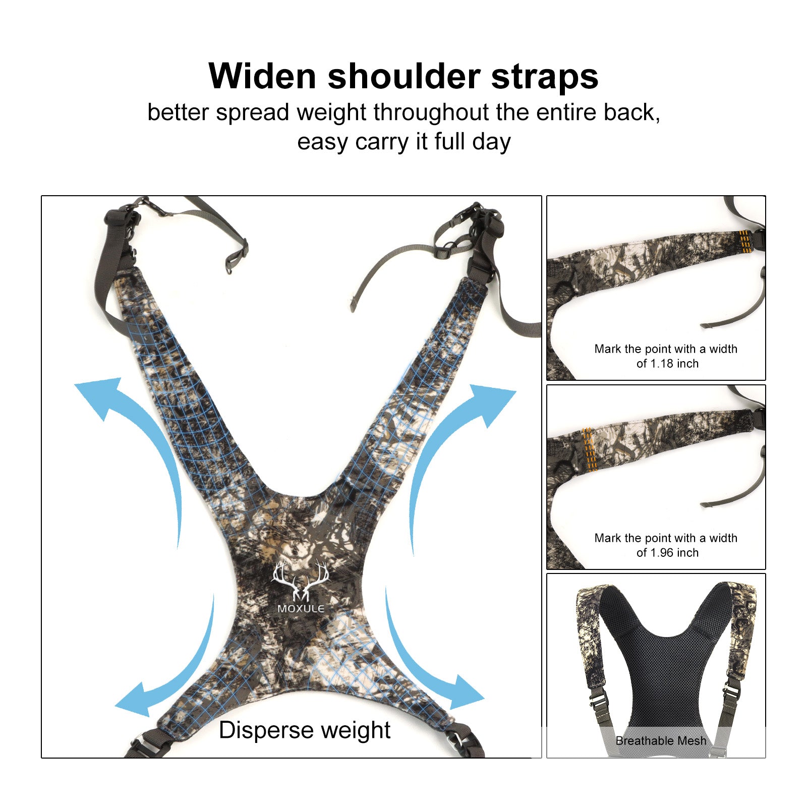 Moxule camouflage binocular harness with widen shoulder straps, weight-dispersing hunting chest pack with breathable mesh for all-day carry.