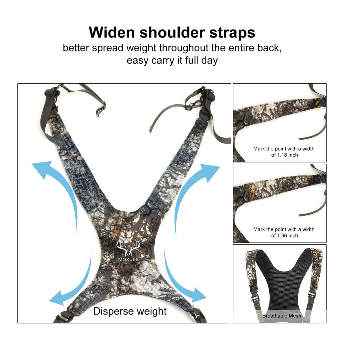 Widen Camo Hunting Suspender Straps with Breathable Mesh, Adjustable Padded Shoulder Harness for Hunting Pack, Weight Distribution Design